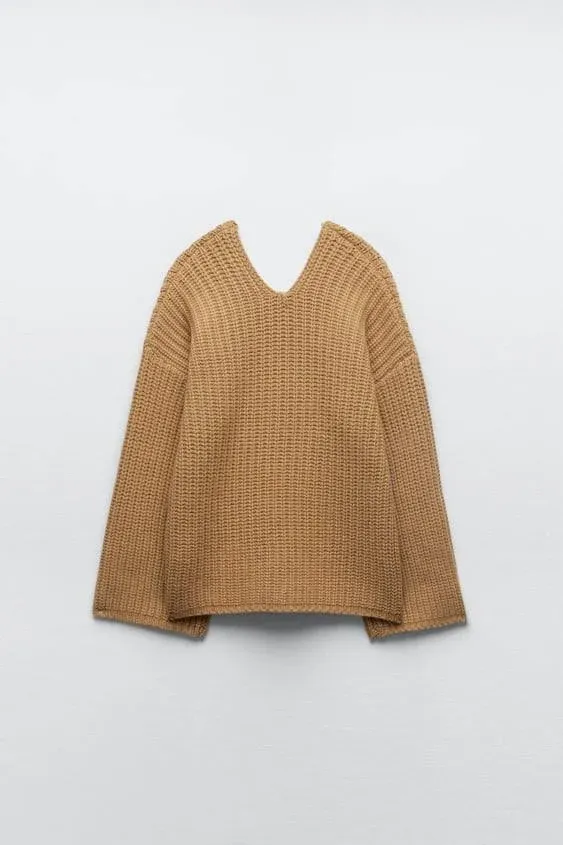 Zara Zara - 100% Wool V-Neck Sweater - Taupe Brown - Women